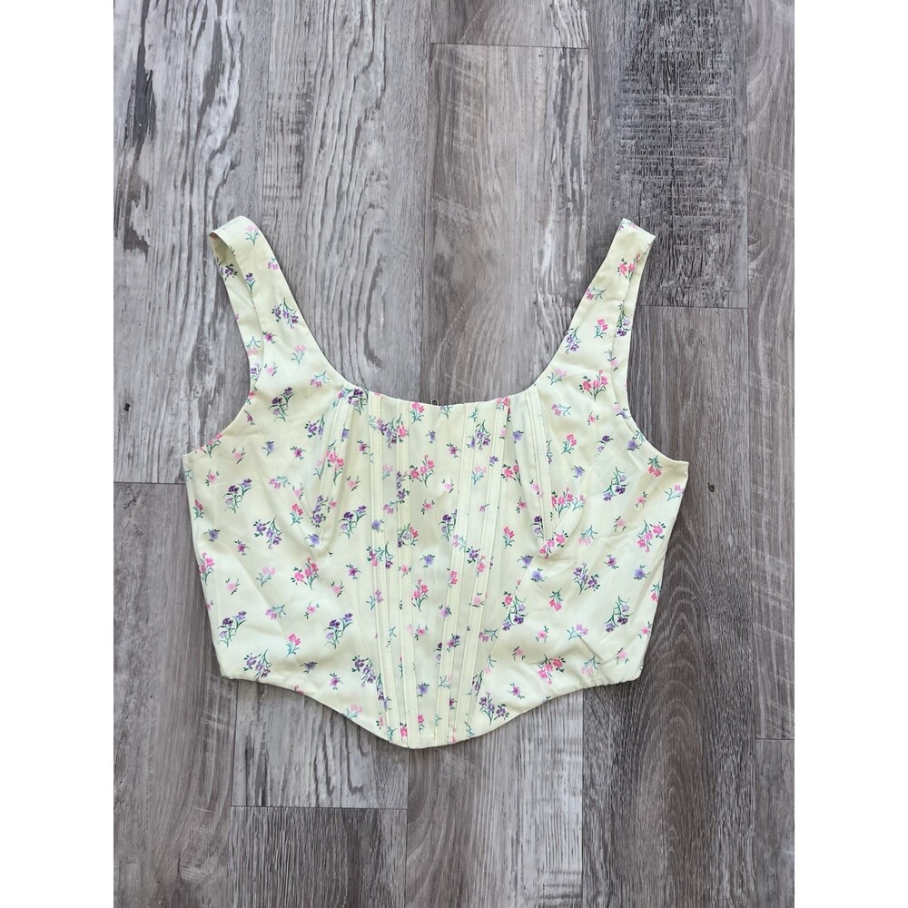 Pale Butter Yellow Floral Zip Back Corset Boning Scoop Neck Cropped Tank Top M